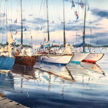 Pittura intitolato "Moored yachts at su…" da Eugenia Gorbacheva, Opera d'arte originale, Acquarello