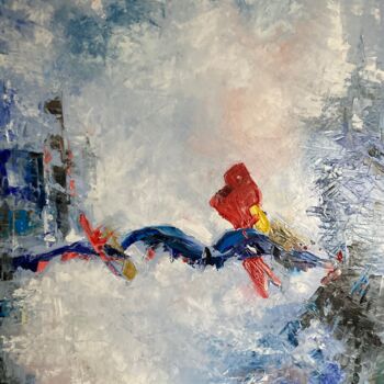 Painting titled "Frozen bird" by Irina R, Original Artwork, Oil Mounted on Wood Stretcher frame