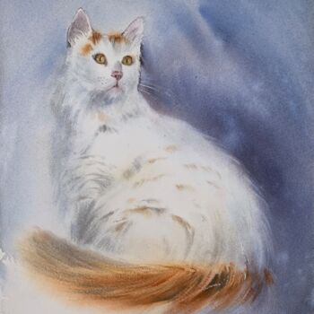 Painting titled "WHITE CAT" by Eugenia Gorbacheva, Original Artwork, Watercolor