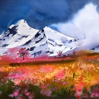 Painting titled "FLOWERS AND MOUNTAI…" by Eugenia Gorbacheva, Original Artwork, Watercolor