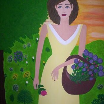 Painting titled "femme au panier" by Victoria Fadhila Abessi, Original Artwork