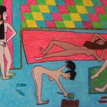 Painting titled "activités féminines" by Victoria Fadhila Abessi, Original Artwork