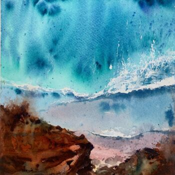 Painting titled "Waves and rocks #10" by Eugenia Gorbacheva, Original Artwork, Watercolor