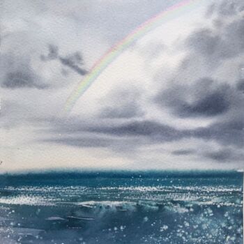 Картина под названием "Rainbow over the sea" - Eugenia Gorbacheva, Подлинное произведение искусства, Акварель