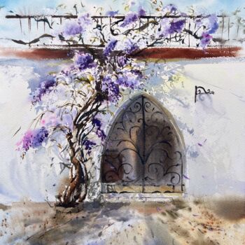 Pittura intitolato "Arch with wisteria…" da Eugenia Gorbacheva, Opera d'arte originale, Acquarello