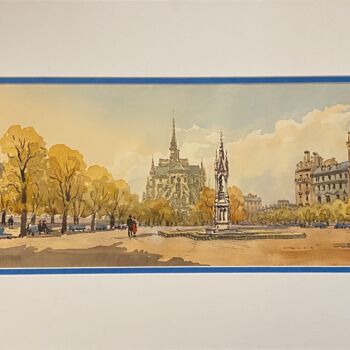 Prenten & gravures getiteld "Jardin de Paris" door Vladimir Oborotov, Origineel Kunstwerk, Aquarel Gemonteerd op Karton