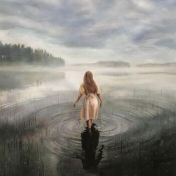 Painting titled "Girl walkin water 0…" by Lermay Chang, Original Artwork, Oil Mounted on Wood Stretcher frame