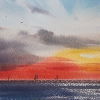 Картина под названием "Sunset on the sea #8" - Eugenia Gorbacheva, Подлинное произведение искусства, Акварель