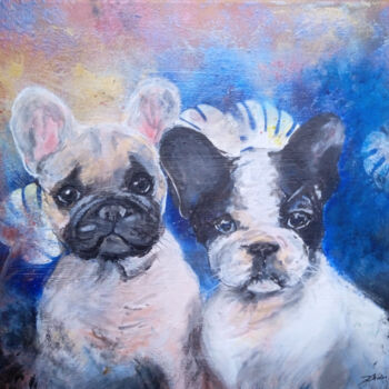 Painting titled "Deux chiots" by Christine Chaussade, Original Artwork, Acrylic Mounted on Wood Stretcher frame