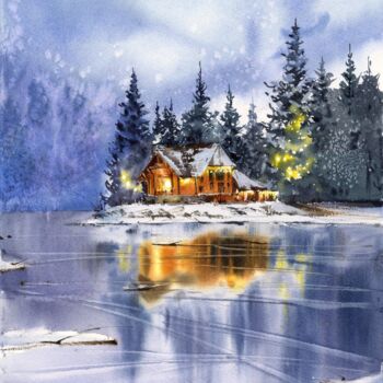 Painting titled "House on the lake.…" by Eugenia Gorbacheva, Original Artwork, Watercolor