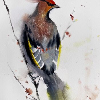 Painting titled "Waxwing bird" by Eugenia Gorbacheva, Original Artwork, Watercolor