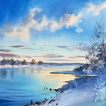 Картина под названием "Frozen river #5" - Eugenia Gorbacheva, Подлинное произведение искусства, Акварель
