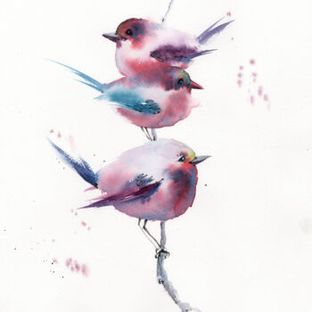 Painting titled "Pink motifs. Birds" by Eugenia Gorbacheva, Original Artwork, Watercolor