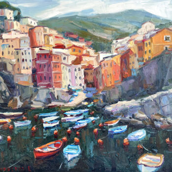 Painting titled "Boats at the pier" by Evgeny Chernyakovsky, Original Artwork, Oil Mounted on Wood Stretcher frame