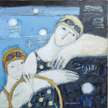 Pintura titulada "In a swimming pool" por Natalia Yanekina, Obra de arte original, Oleo Montado en Panel de madera