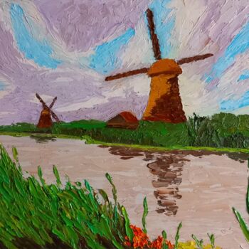 Картина под названием "Windmill by the can…" - Gryg, Подлинное произведение искусства, Масло Установлен на Деревянная рама д…