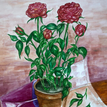 Картина под названием "Potted roses" - Yuliia Kovalska, Подлинное произведение искусства, Акварель