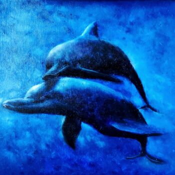 Pittura intitolato "dolphin family" da Svetlana Dushina, Opera d'arte originale, Olio