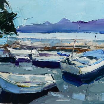 Painting titled ""Boats"" by Yehor Dulin, Original Artwork, Oil Mounted on Wood Stretcher frame