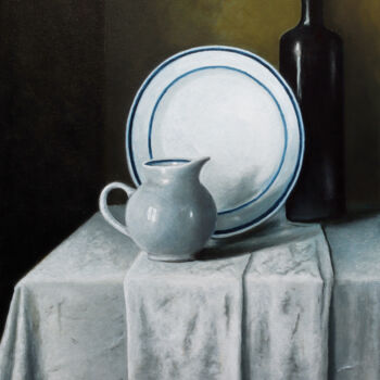 Painting titled "The white plate" by Oleg Baulin, Original Artwork, Oil Mounted on Wood Stretcher frame