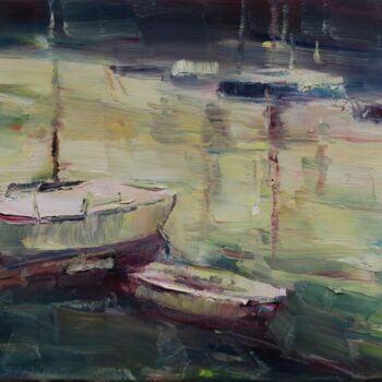Peinture intitulée "Port fluvial XVI" par Marta Lipowska, Œuvre d'art originale, Huile Monté sur Châssis en bois