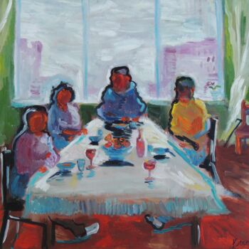 Pittura intitolato "4 at the table" da Tanya Kutsenko, Opera d'arte originale, Olio