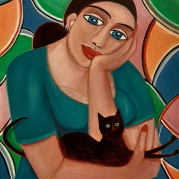 Painting titled "Mulher com um gato…" by Olena Blinnikova, Original Artwork, Oil Mounted on Wood Stretcher frame