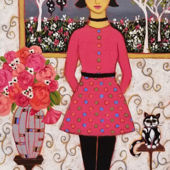 Painting titled "Woman with Cats and…" by Karen Rieger, Original Artwork, Acrylic Mounted on Wood Stretcher frame