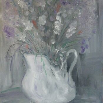 Картина под названием "Vase blanc et fleur…" - Nicole Bachelard, Подлинное произведение искусства, Масло Установлен на Дерев…