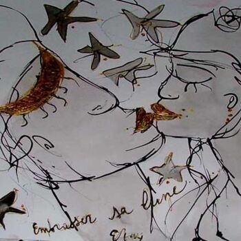 Dibujo titulada "Embrasser sa lune" por Emilie Teillaud, Obra de arte original