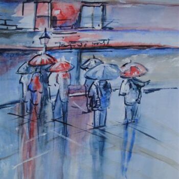 Peinture intitulée "attente sous la plu…" par Marjyne, Œuvre d'art originale