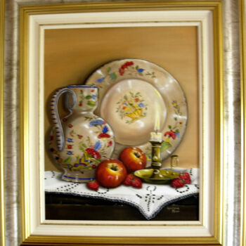 Peinture intitulée "Assiette pichet rou…" par Sylviane Petit, Œuvre d'art originale, Huile