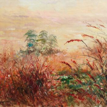 Painting titled "Autumn glass" by Field Lynn, Original Artwork, Oil Mounted on Wood Stretcher frame