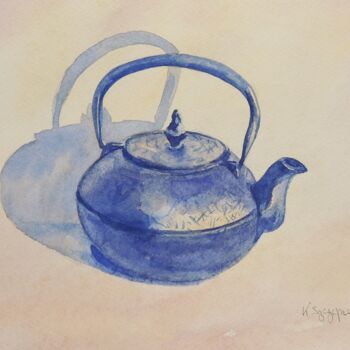 Ζωγραφική με τίτλο "Tea kettle" από Krystyna Szczepanowski, Αυθεντικά έργα τέχνης, Ακουαρέλα