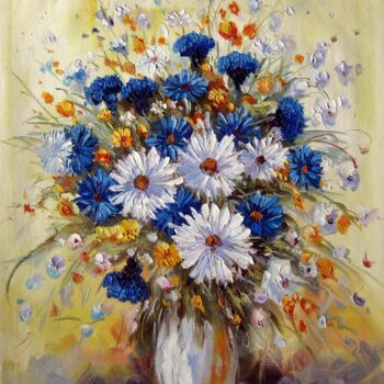 Painting titled "Vase Flower 535" by Greg Leander, Original Artwork, Oil Mounted on Wood Stretcher frame