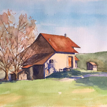 Schilderij getiteld "The farm in Aubonne" door Krystyna Szczepanowski, Origineel Kunstwerk, Aquarel