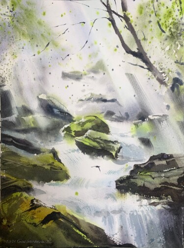 Painting titled "Waterfall #5" by Eugenia Gorbacheva, Original Artwork, Watercolor
