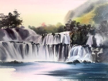 Painting titled "Waterfall #8" by Eugenia Gorbacheva, Original Artwork, Watercolor