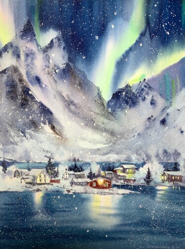 Painting titled "Aurora borealis #27" by Eugenia Gorbacheva, Original Artwork, Watercolor