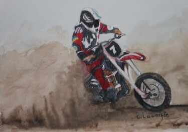 Painting titled "moto cross" by Claude Lacointe, Original Artwork, Watercolor
