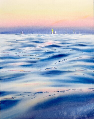 Картина под названием "Yachts at sea #5" - Eugenia Gorbacheva, Подлинное произведение искусства, Акварель