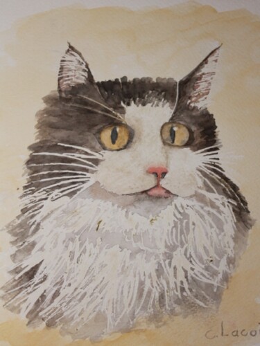 Painting titled "le chat(2)" by Claude Lacointe, Original Artwork, Watercolor