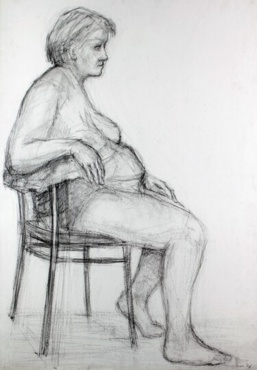 Disegno intitolato "Female Sitting Pose" da Pamela Rys, Opera d'arte originale, Carbone