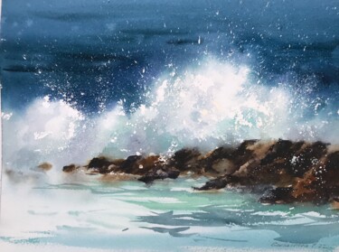 Painting titled "Waves and rocks #9" by Eugenia Gorbacheva, Original Artwork, Watercolor
