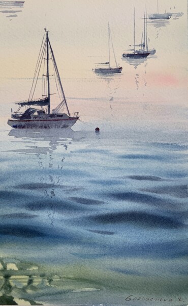 Painting titled "Yachts at sea #8" by Eugenia Gorbacheva, Original Artwork, Watercolor