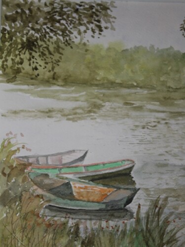 Peinture intitulée "les barques" par Claude Lacointe, Œuvre d'art originale, Aquarelle