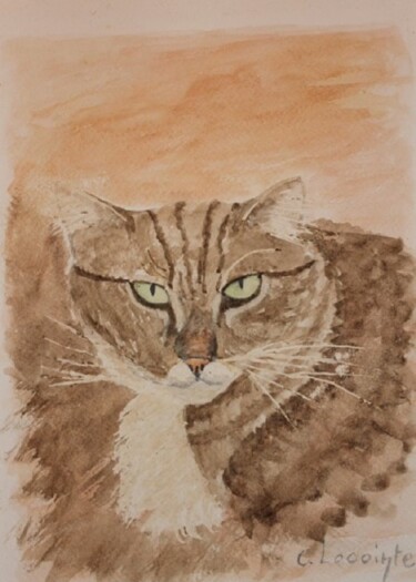 Painting titled "le chat(4)" by Claude Lacointe, Original Artwork, Watercolor