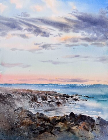 Картина под названием "Gentle sunset on th…" - Eugenia Gorbacheva, Подлинное произведение искусства, Акварель