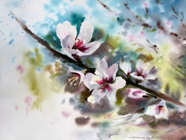 Painting titled "Almond flowers #5" by Eugenia Gorbacheva, Original Artwork, Watercolor