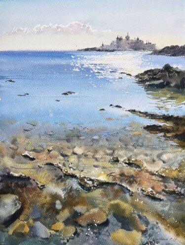 Painting titled "Castle on the coast" by Eugenia Gorbacheva, Original Artwork, Watercolor